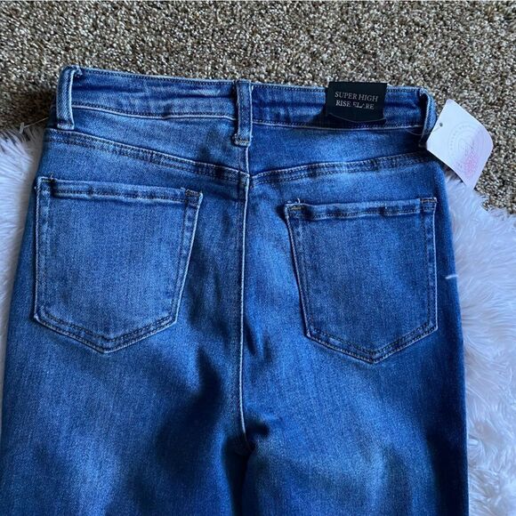 Nina Rossi Jeans Super High Rise Flare Long New Distressed Women’s Size 7 - Picture 3 of 10